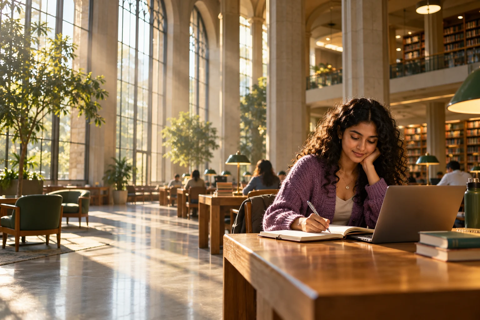 A learner studying in a sunlit modern library